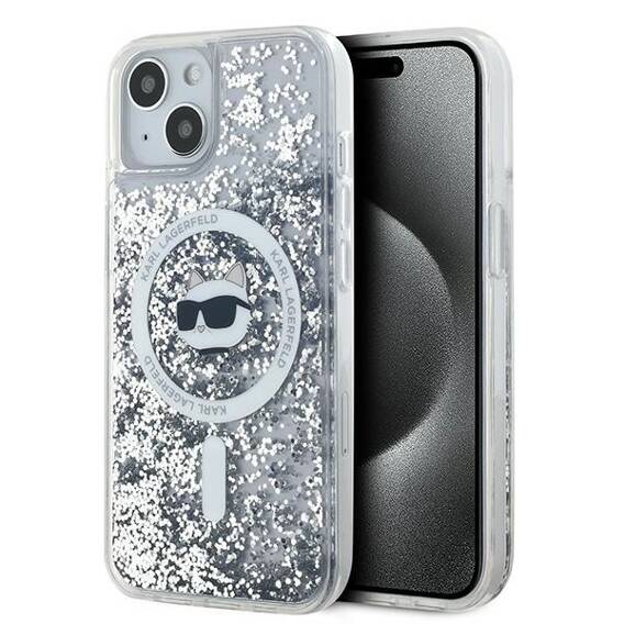 Oryginalne Etui IPHONE 13 / 14 / 15 Karl Lagerfeld Hardcase Liquid Glitter Choupette Head MagSafe (KLHMP14SLGCHSGH) transparentne