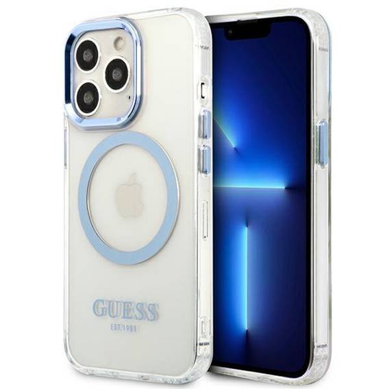 Oryginalne Etui IPHONE 13 PRO Guess Hard Case Metal Outline Magsafe (GUHMP13LHTRMB) niebieskie