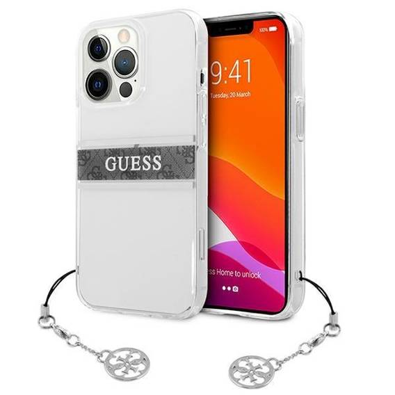 Oryginalne Etui IPHONE 13 PRO Guess Hardcase 4G Grey Strap Charm (GUHCP13LKB4GGR) transparentne