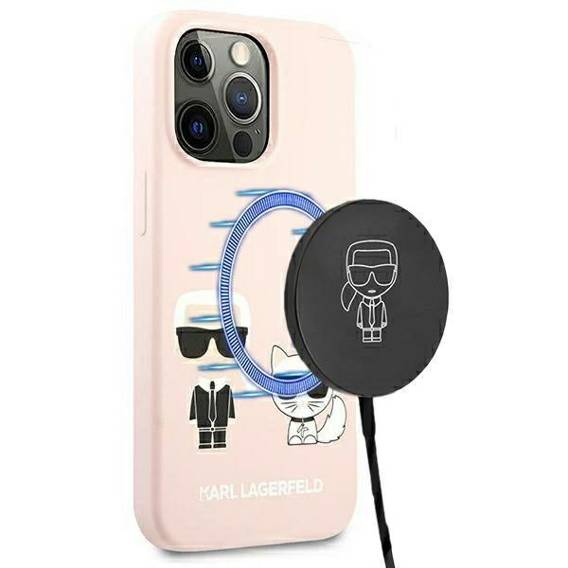 Oryginalne Etui IPHONE 13 PRO Karl Lagerfeld Hardcase Silicone Ikonik Karl & Choupette Magsafe (KLHMP13LSSKCI) jasny róż