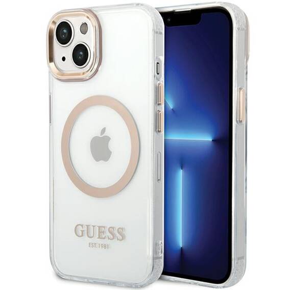 Oryginalne Etui IPHONE 14 PLUS / 15 PLUS Guess Hard Case Metal Outline Magsafe złote