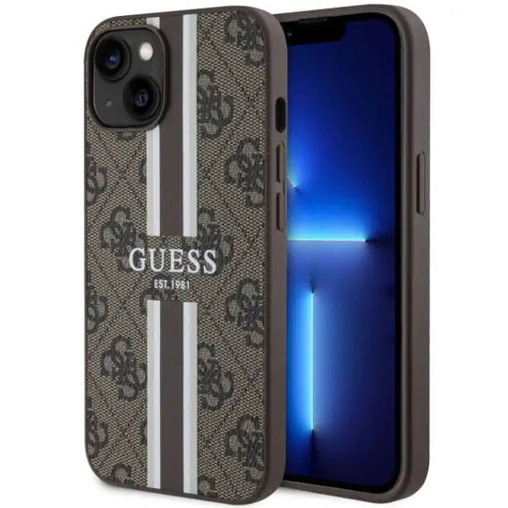 Oryginalne Etui IPHONE 14 PLUS Guess Hardcase 4G Printed Stripe MagSafe (GUHMP14MP4RPSW) brązowe