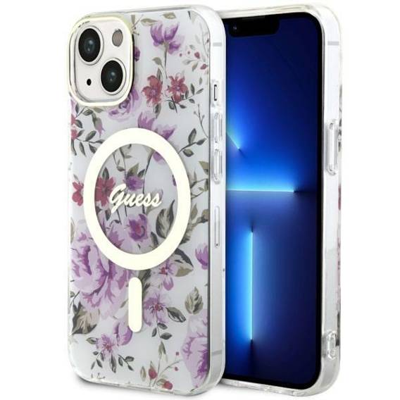 Oryginalne Etui IPHONE 14 PLUS Guess Hardcase Flower MagSafe (GUHMP14MHCFWST) transparentne