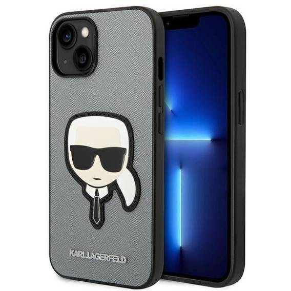 Oryginalne Etui IPHONE 14 PLUS Karl Lagerfeld Hardcase Saffiano Karl`s Head Patch srebrne