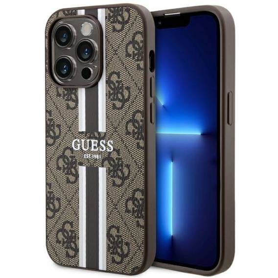 Oryginalne Etui IPHONE 14 PRO Guess Hardcase 4G Printed Stripe MagSafe (GUHMP14LP4RPSW) brązowe