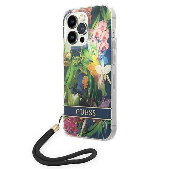 Oryginalne Etui IPHONE 14 PRO Guess Hardcase Flower Strap (GUOHCP14LHFLSB) niebieskie