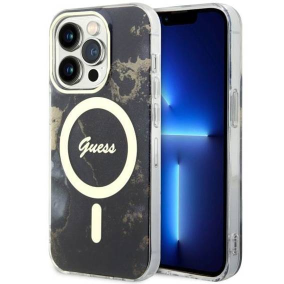 Oryginalne Etui IPHONE 14 PRO Guess Hardcase Golden Marble Collection MagSafe (GUHMP14LHTMRSK) czarne