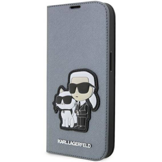 Oryginalne Etui IPHONE 14 PRO Karl Lagerfeld Bookcase Saffiano Karl & Choupette (KLBKP14LSANKCPG) srebrne