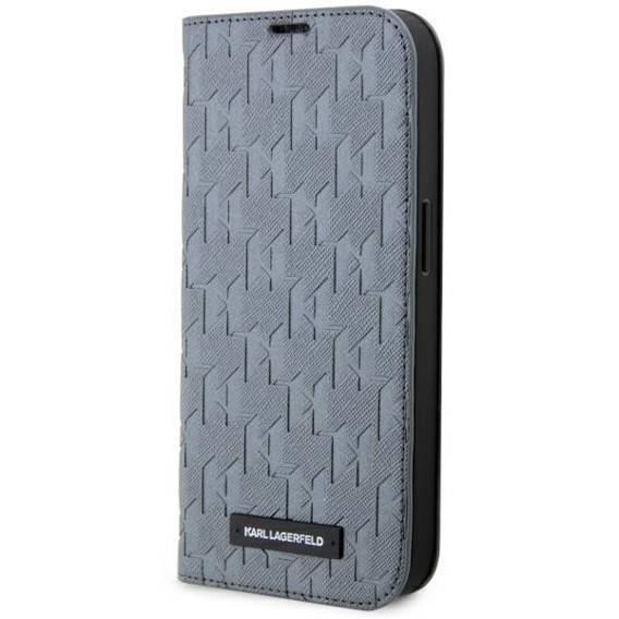 Oryginalne Etui IPHONE 14 PRO Karl Lagerfeld Bookcase Saffiano Monogram (KLBKP14LSAKLHPG) srebrne