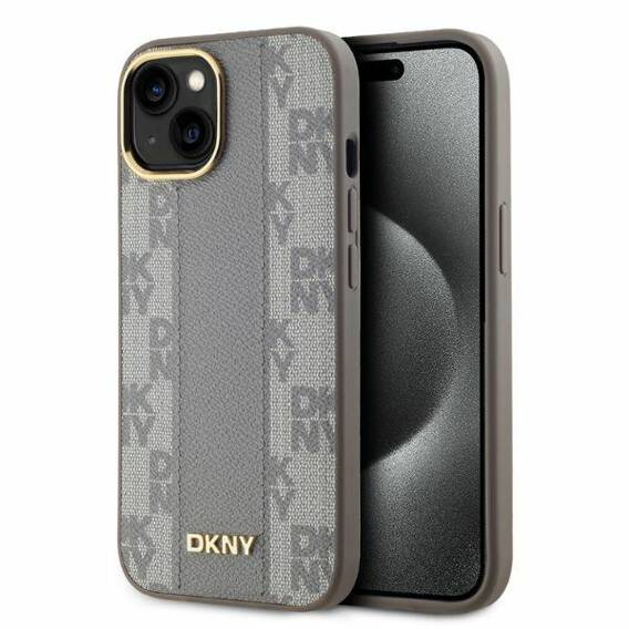 Oryginalne Etui IPHONE 15 DKNY Hardcase Leather Checkered Mono Pattern MagSafe (DKHMP15SPCPVSLE) beżowe