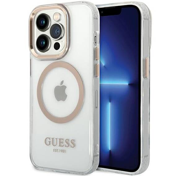 Oryginalne Etui IPHONE 15 PRO Guess Hard Case Metal Outline Magsafe złote