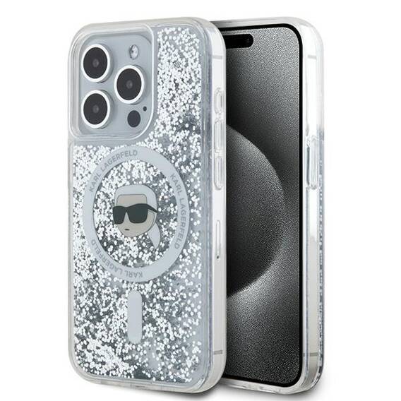 Oryginalne Etui IPHONE 15 PRO Karl Lagerfeld Hardcase Liquid Glitter Choupette Head MagSafe (KLHMP15LLGKISGH) transparentne