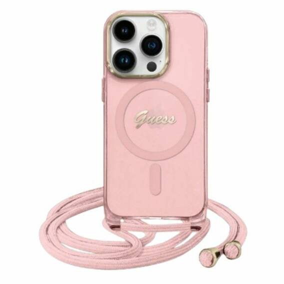 Oryginalne Etui IPHONE 16 Guess Hardcase Crossbody Cord Script MagSafe (GUHMP16SHCTSGNSP) różowe