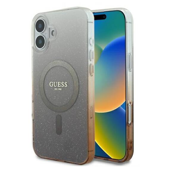 Oryginalne Etui IPHONE 16 Guess Hardcase IML Glitter Gradient MagSafe (GUHMP16SHGRCELW) brązowe