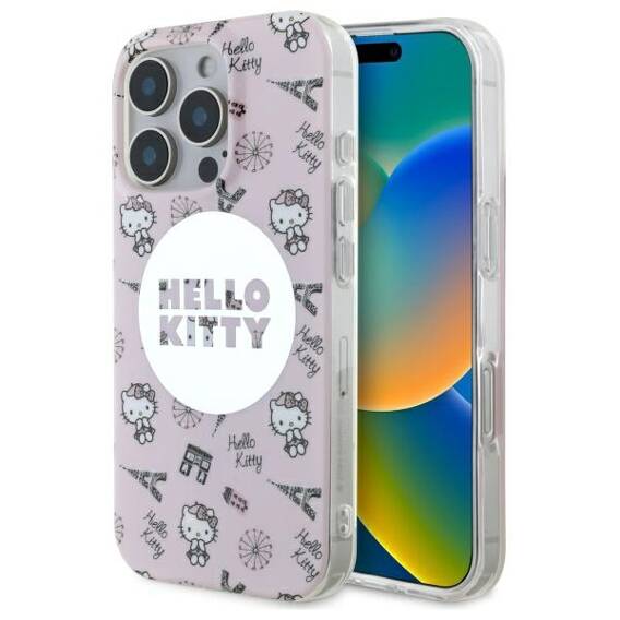 Oryginalne Etui IPHONE 16 PRO Hello Kitty Hardcase IML All Over Paris MagSafe (HKHMP16LHAOPP) różowe