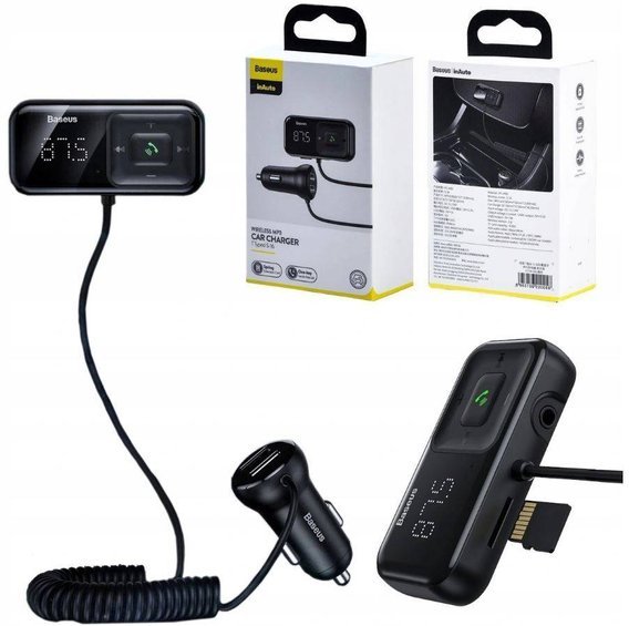 Transmiter FM Baseus T typed S-16, AUX, Bluetooth 5.0, 2x USB, microSD, 3A (czarny)