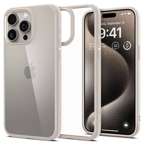 Etui APPLE IPHONE 15 PRO MAX Spigen Ultra Hybrid Crystal Natural Titanium beżowe