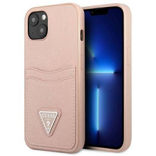 Etui IPHONE 13 MINI Guess Hardcase Saffianotriangle Logo Cardslot (GUHCP13SPSATPP) różowe