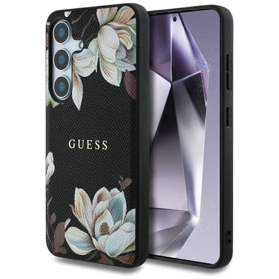 Etui SAMSUNG GALAXY S25 Guess Grained Printed Flower Pattern MagSafe czarne