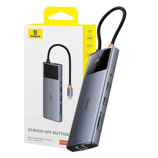 Hub 10w1 Baseus Metal Gleam II Series, USB-C do 1xHDMI, USB-A (10Gbps), USC-C, 2xUSB-A, Ethernet RJ45, karta SD/TF, mini-jack 3,5mm, USB-C(PD)