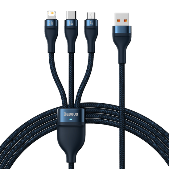 Kabel USB 3w1 Baseus Flash Series, USB-C + micro USB + Lightning, 66W, 1.2m (niebieski)