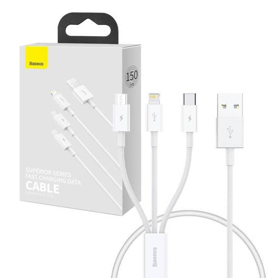 Kabel szybkiego ładowania  Baseus Superior Data USB do M+L+C 3.5A 0.5M(White)