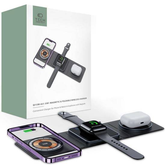 Ładowarka Bezprzewodowa MagSafe 3w1 15W Smartfon + Apple Watch + AirPods Tech-Protect QI15W-A31 czarna