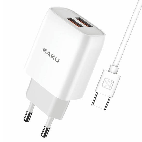 Ładowarka Sieciowa 2,4A 2xUSB + Kabel USB Typ C KAKU Dual Port Charger Set USB-C EU (KSC-397) biała