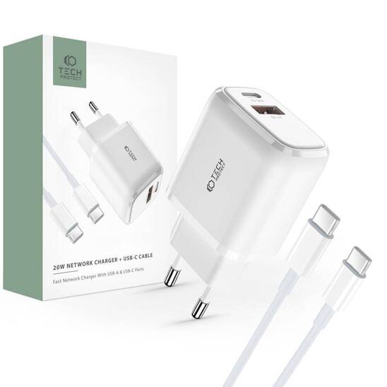 Ładowarka Sieciowa 20W USB QC3.0 + USB-C PD + Kabel USB-C - USB-C Tech-Protect C20W biała