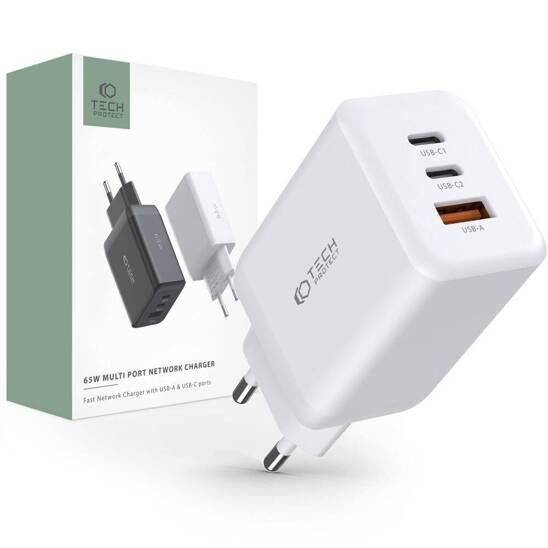 Ładowarka Sieciowa 65W 2x USB-C PD + QC3.0 USB Tech-Protect C65W biała