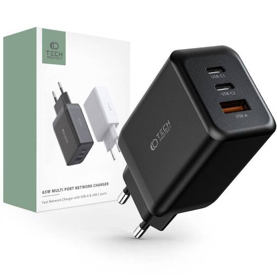 Ładowarka Sieciowa 65W 2x USB-C PD + QC3.0 USB Tech-Protect C65W czarna