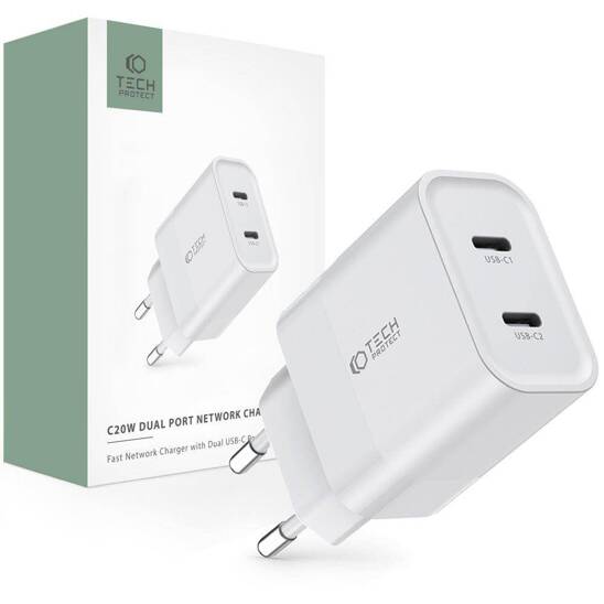 Ładowarka Sieciowa PD 20W 2x USB-C Tech-Protect C20W biała