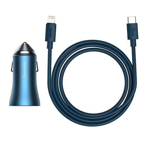 Ładowarka samochodowa Baseus Golden Contactor Pro, USB + USB-C, QC4.0+, PD, SCP, 40W (niebieska) + kabel USB-C do Lightning 1m (niebieski)