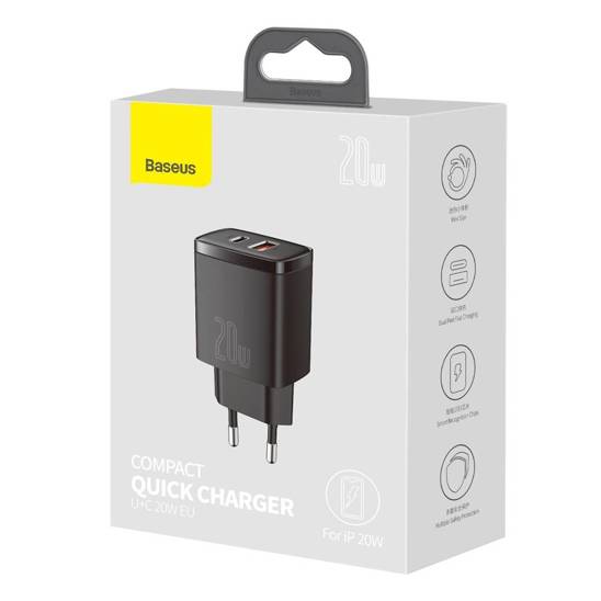 Ładowarka sieciowa Baseus Compact Quick Charger, USB, USB-C, 20W (czarna)