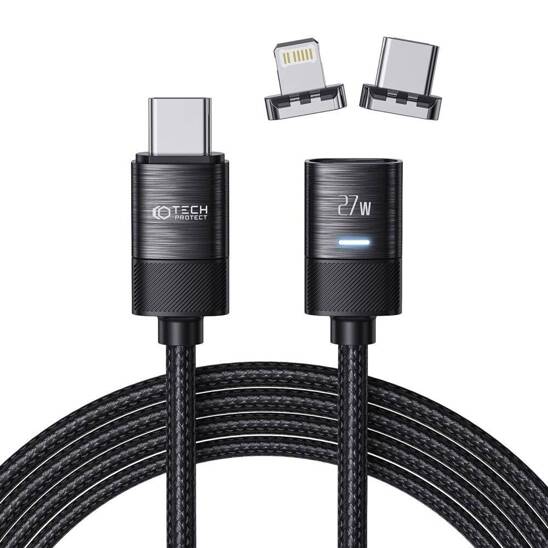 Magnetyczny Kabel 2w1 PD27W / 3A 2m USB - USB-C + iPhone Lightning Tech-Protect Ultraboost czarny