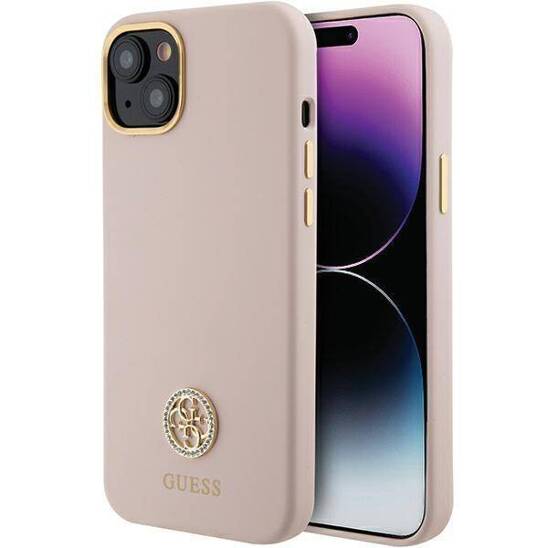 Oryginalne Etui APPLE IPHONE 15 Guess Hardcase Silicone Logo Strass 4G (GUHCP15SM4DGPP) jasny róż