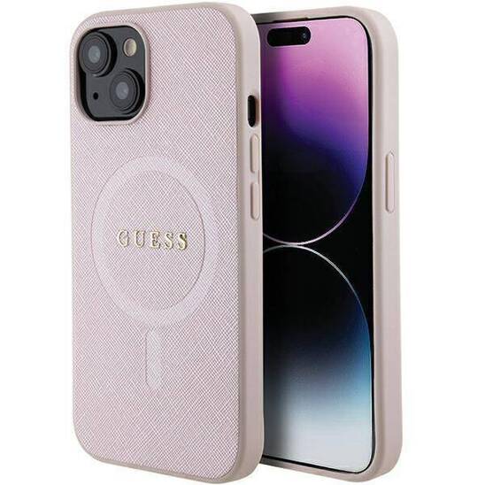 Oryginalne Etui APPLE IPHONE 15 PLUS Guess Hardcase Saffiano MagSafe (GUHMP15MPSAHMCP) różowe