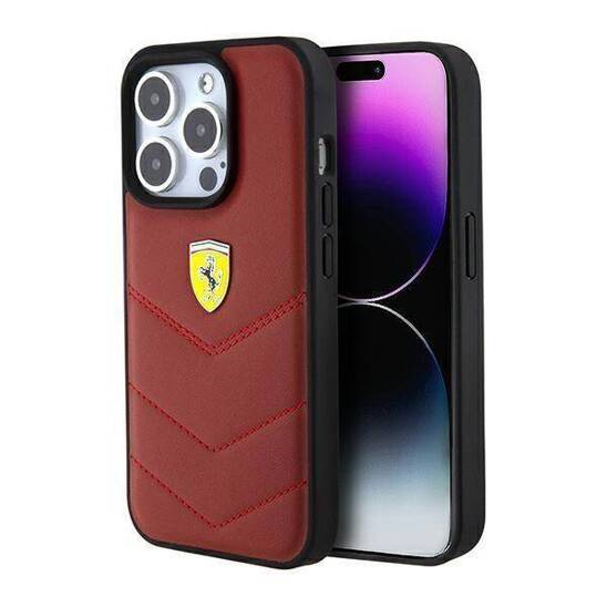 Oryginalne Etui APPLE IPHONE 15 PRO Ferrari Hardcase Leather Stitched Lines (FEHCP15LRDUR) czerwone