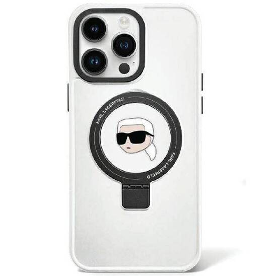 Oryginalne Etui APPLE IPHONE 15 PRO Karl Lagerfeld Hardcase Ring Stand Karl Head MagSafe (KLHMP15LHMRSKHH) białe