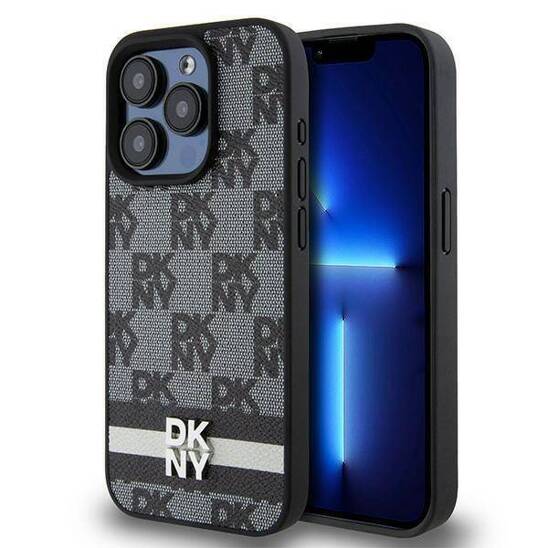 Oryginalne Etui APPLE IPHONE 15 PRO MAX DKNY Hardcase Leather Checkered Mono Pattern & Printed Stripes (DKHCP15XPCPTSSK) czarne