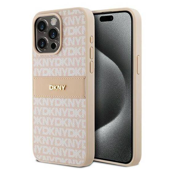 Oryginalne Etui APPLE IPHONE 15 PRO MAX DKNY Hardcase Leather Mono Stripe & Metal Logo (DKHCP15XPRTHSLP) różowe