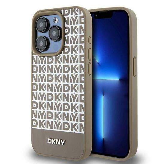 Oryginalne Etui APPLE IPHONE 15 PRO MAX DKNY Hardcase Leather Printed Pattern Metal Logo MagSafe (DKHMP15XPSOSPW) brązowe
