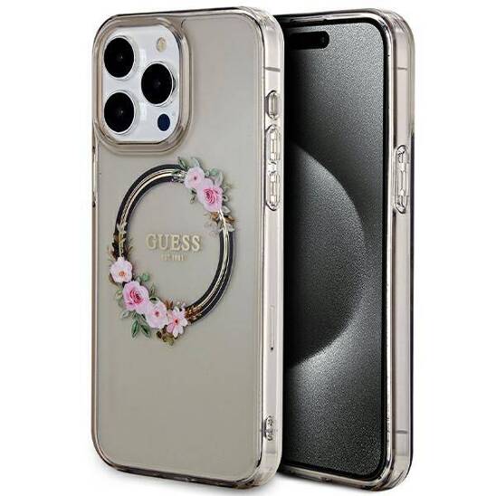 Oryginalne Etui APPLE IPHONE 15 PRO MAX Guess Hardcase IML Flowers Wreatch MagSafe (GUHMP15XHFWFCK) czarne