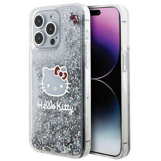Oryginalne Etui APPLE IPHONE 15 PRO MAX Hello Kitty Hardcase Liquid Glitter Charms Kitty Head (HKHCP15XLIKHET) srebrne