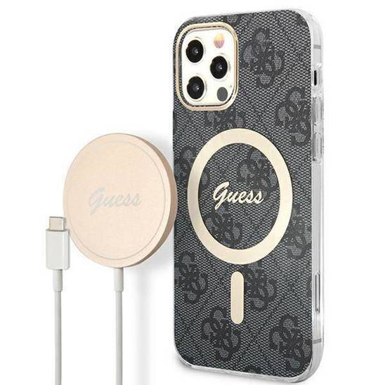 Oryginalne Etui IPHONE 12 / 12 PRO Guess Hardcase 4G Print MagSafe + Wireless Charger (GUBPP14MH4EACSB) czarne