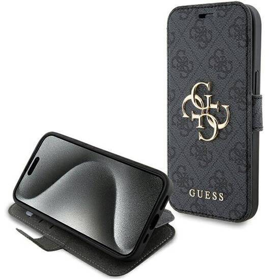 Oryginalne Etui IPHONE 13 / 14 / 15 Guess Book 4G Metal Gold Logo (GUBKP15S4GMGGR) szare