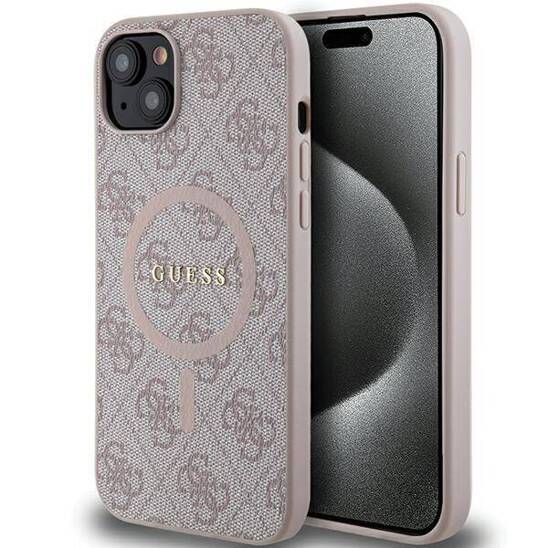 Oryginalne Etui IPHONE 13 / 14 / 15 Guess Hardcase 4G Collection Leather Metal Logo MagSafe (GUHMP14SG4GFRP) różowe