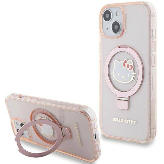 Oryginalne Etui IPHONE 13 / 14 / 15 Hello Kitty Hardcase Ring Stand Glitter Electrop Logo MagSafe (HKHMP15SHRSGEP) różowe