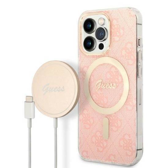 Oryginalne Etui IPHONE 13 PRO Guess Hardcase 4G Print MagSafe + Wireless Charger (GUBPP12MH4EACSK) różowe