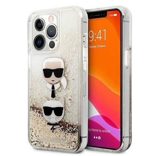 Oryginalne Etui IPHONE 13 PRO MAX Karl Lagerfeld Hardcase Liquid Glitter Karl&Choupette Head (KLHCP13XKICGLD) złote